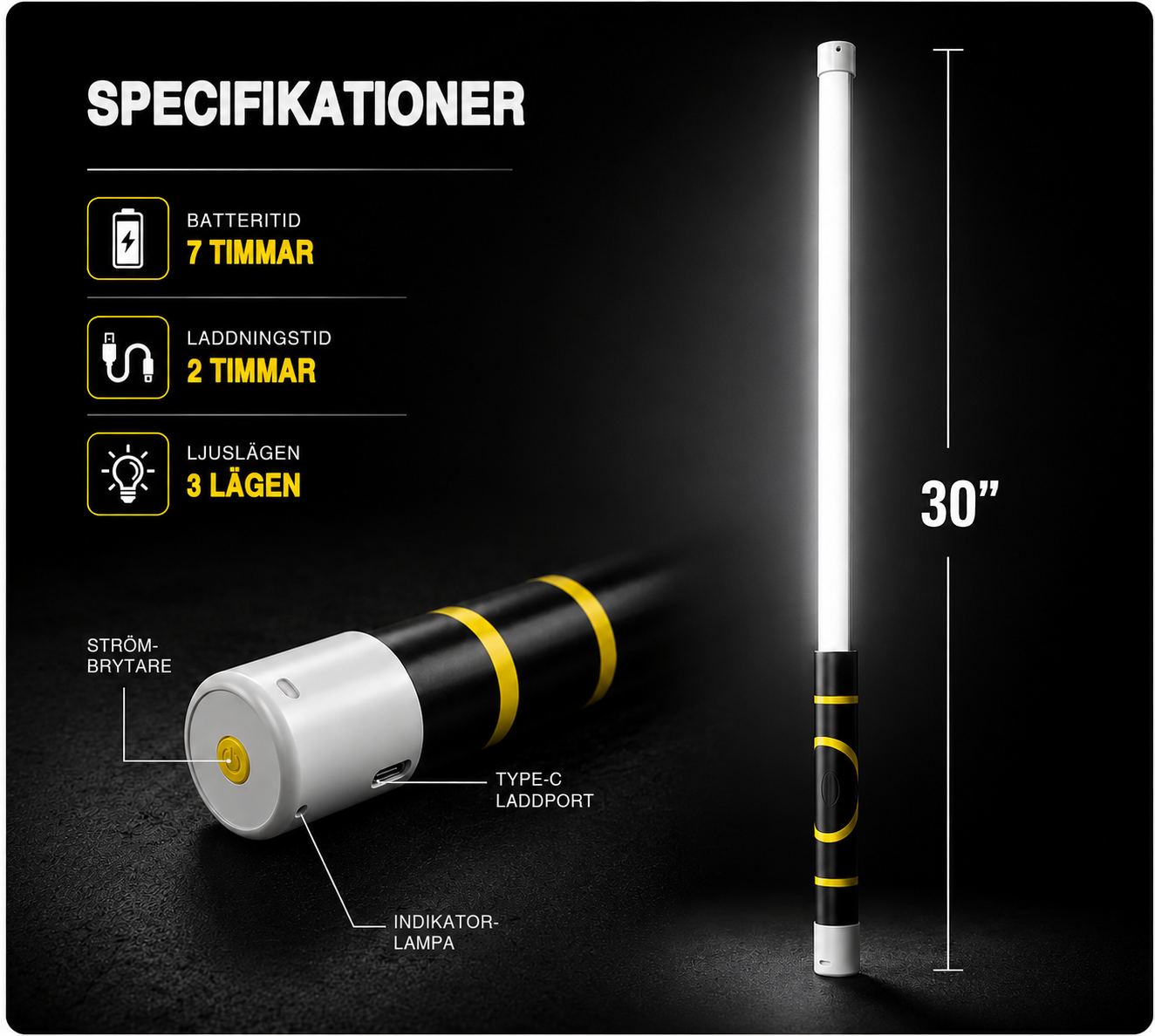 Specifikationer – 7 timmars batteritid, 2 timmars laddning, 3 lägen, 76 cm