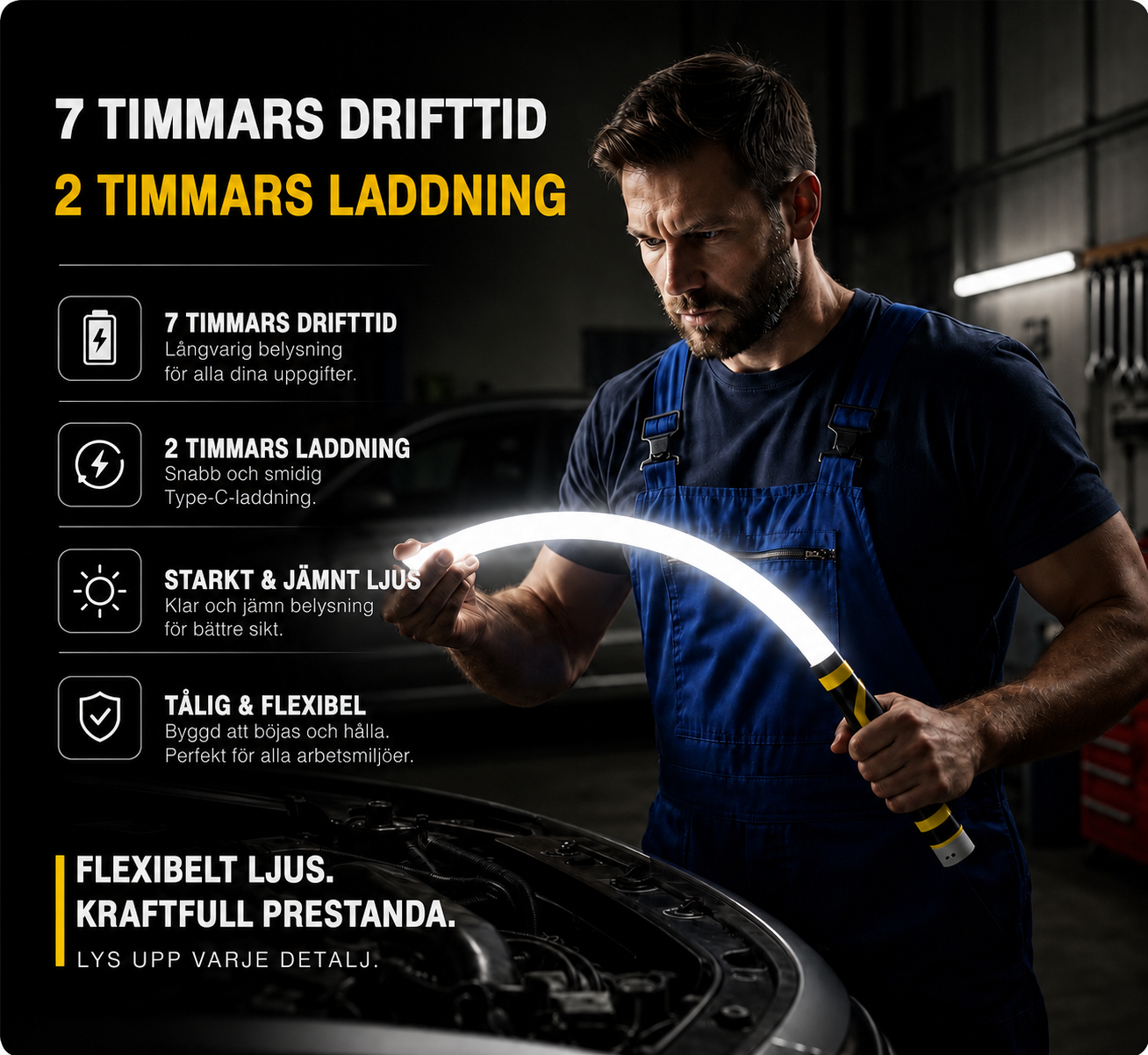 7 timmars drifttid, 2 timmars laddning – flexibelt ljus med kraftfull prestanda
