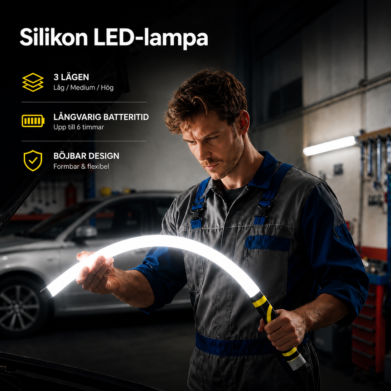 FlexBeam Pro böjbar LED-arbetslampa som lyser upp ett motorrum